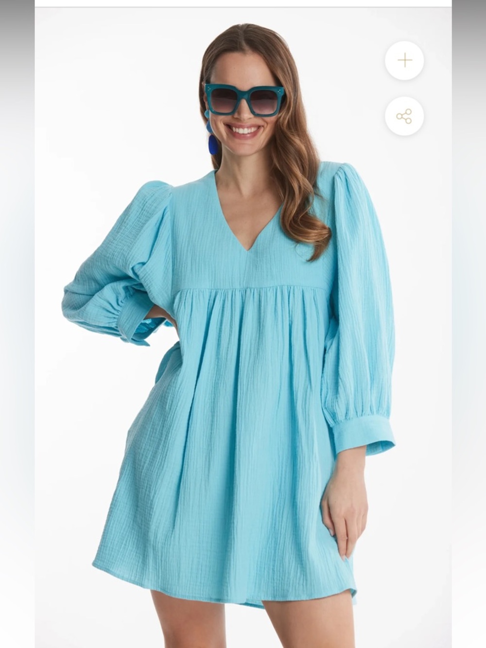 NWT Tyler Boe Angie Crinkle Dress Capri Blue Size S Puff Sleeve Cotton Mini